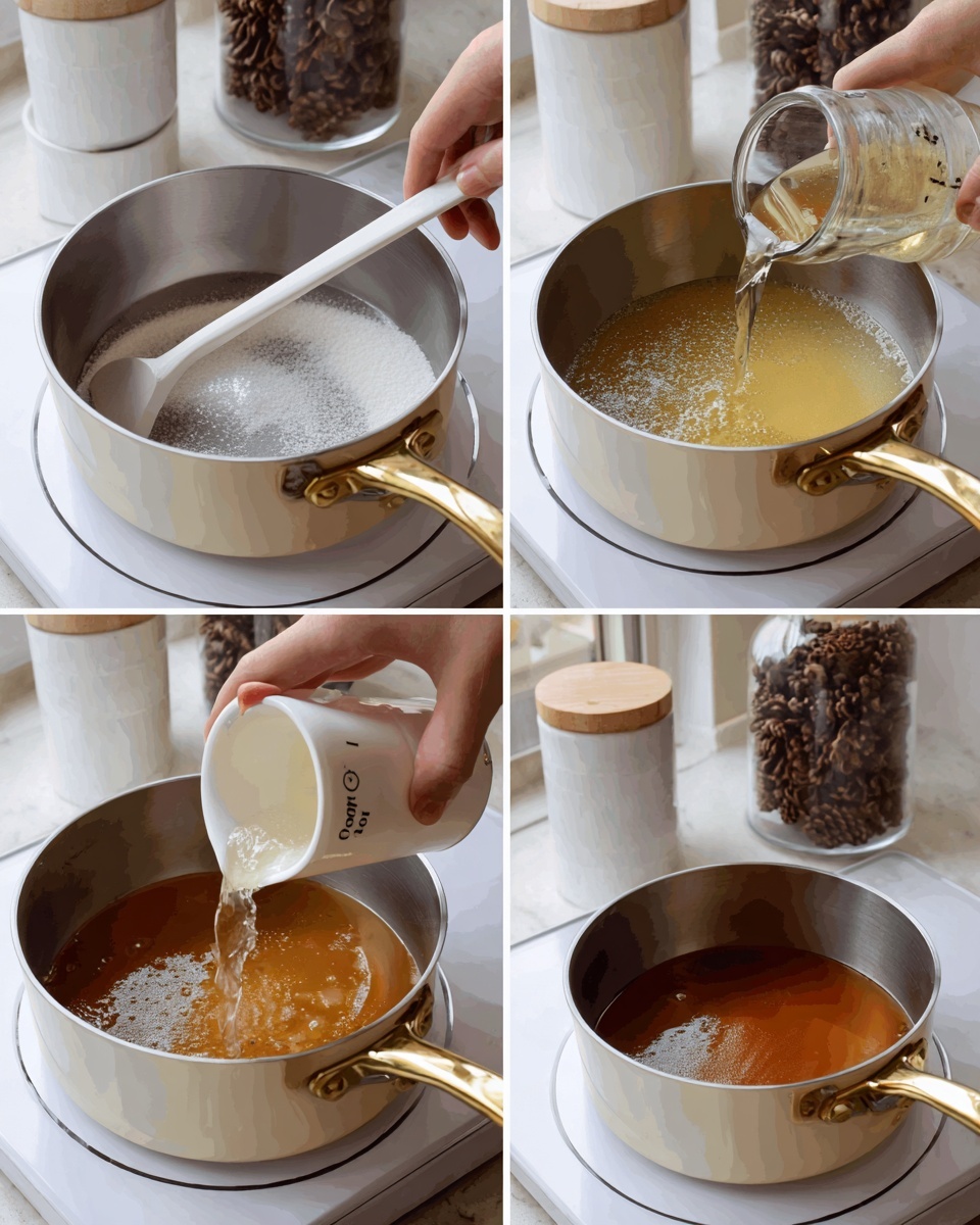 The image shows a sequence of four photos featuring a small silver saucepan with a gold handle on a white stovetop. The first photo shows a layer of white granulated sugar at the bottom of the pan. In the second photo, the sugar has melted into a light golden liquid being stirred with a white spatula held by a woman's hand. The third photo shows a woman's hand pouring a clear liquid from a white cup marked