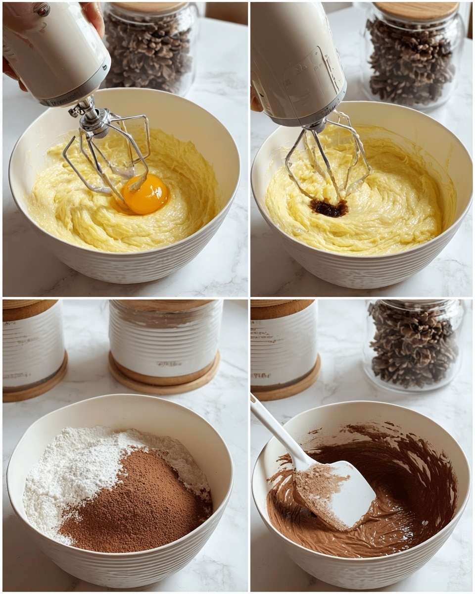 A white textured bowl is shown in four stages of mixing a batter on a white marbled surface. In the first layer, a creamy light yellow mixture is being blended with a woman's hand mixer, with a whole egg yolk sitting on top. The second layer shows the same light yellow batter with a small amount of dark brown vanilla extract added in the center. The third layer depicts cocoa powder and flour being mixed into the batter, creating a thicker texture with a brown powder on top. The fourth layer reveals a smooth, rich chocolate batter with a white spatula resting inside the bowl. In the background, there is a clear jar filled with pinecones and a white ceramic container with a wooden lid. photo taken with an iphone --ar 4:5 --v 7