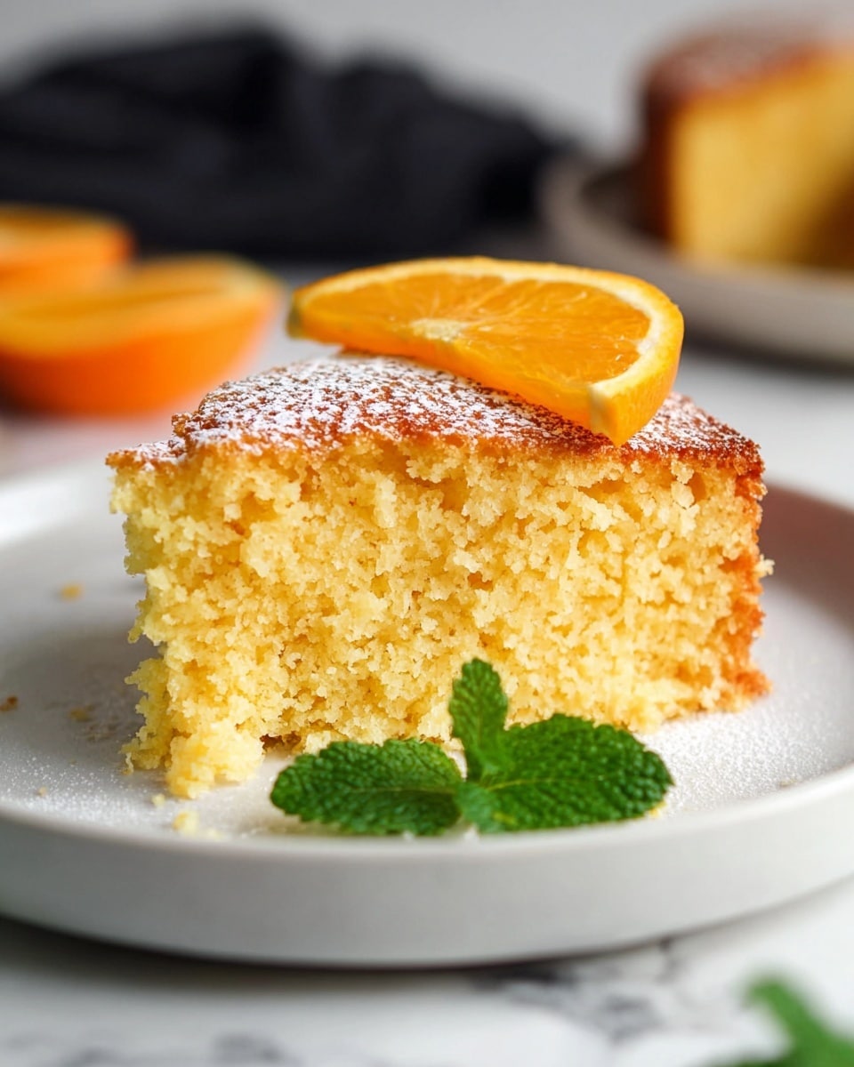 The Best Orange Cake Recipe 5 A single-layer round cake with a light golden brown crust sits on a white plate on a white marbled surface. The top is dusted with white powdered sugar, giving it a soft, snowy look. On top of the cake, there are several thin, bright orange slices arranged mostly in a circular pattern with some fresh green mint leaves placed between them for decoration. One large slice is being lifted from the cake with a metal spatula, showing the soft, moist, pale yellow inside. A few mint leaves and an orange slice lay scattered nearby on the white marbled surface. Photo taken with an iphone --ar 4:5 --v 7