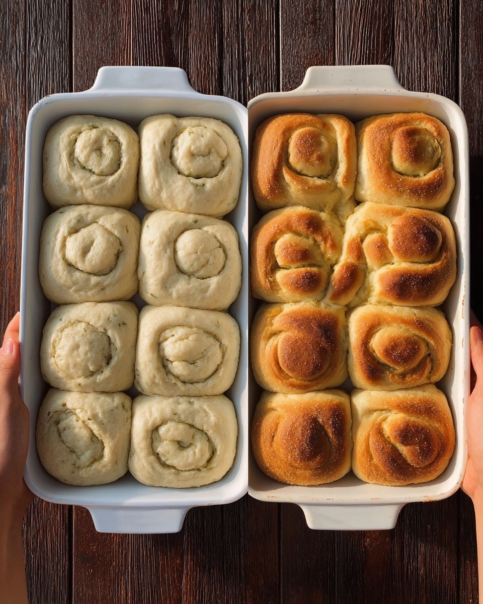 Pistachio Cinnamon Rolls Recipe 5 The image shows two white baking dishes each holding nine rolls arranged in a 3x3 grid. In the left dish, the rolls are raw with a pale dough showing a smooth texture and slight shine, gently curled into a loaf shape. A woman's hand holds the dish on the left side. In the right dish, the rolls are baked to a light golden brown, with slightly crisp edges and a soft inner texture visible in the creases. The rolls have a textured, uneven surface with varied tones of golden and soft brown. Both dishes are set on a dark wooden surface. Photo taken with an iphone --ar 4:5 --v 7
