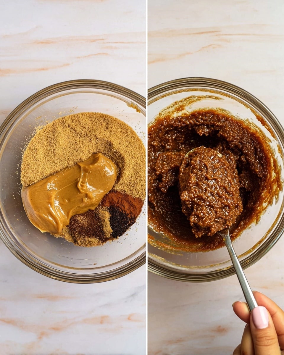 The image shows two side-by-side photos of a glass bowl on a white marbled surface. On the left side, the bowl contains unmixed ingredients layered separately: light brown sugar, smooth light brown peanut butter, melted butter, and dark brown cinnamon and other spices scattered around. On the right side, a woman's hand with light pink nails holds a spoon mixing the ingredients into a thick, dark brown, textured paste that fills the bowl. The spoon scoops up the paste, showing its dense and slightly grainy consistency. photo taken with an iphone --ar 4:5 --v 7