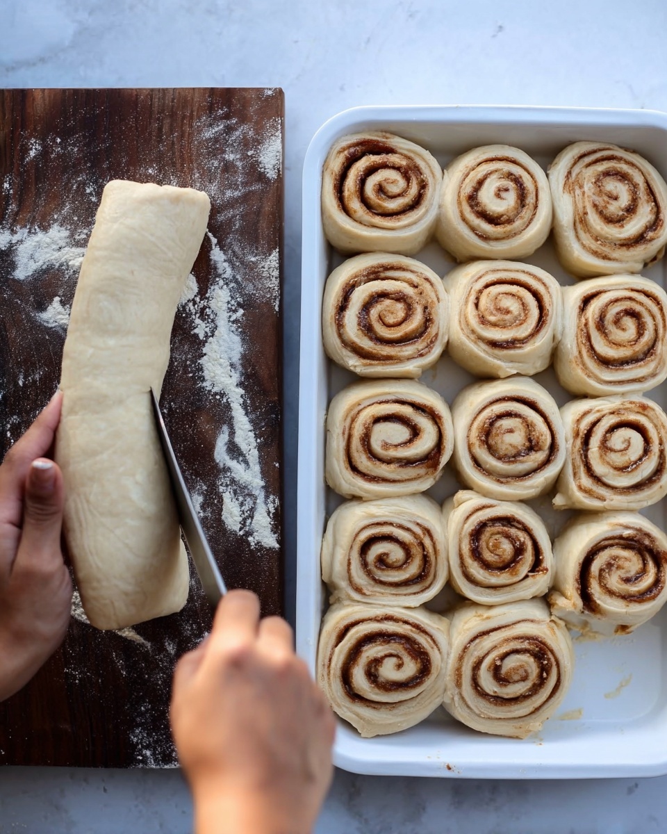 A woman's hand holds a knife slicing a long rolled dough log with a pale beige color and smooth texture on a dark wooden board dusted lightly with white flour. Next to it, there is a white baking tray filled with twelve round cinnamon rolls arranged in a neat 3 by 4 grid. Each roll has multiple swirled layers of pale dough and darker brown cinnamon filling visible on top, giving a textured spiral pattern. The tray rests on a white marbled surface in soft natural light. Photo taken with an iphone --ar 4:5 --v 7