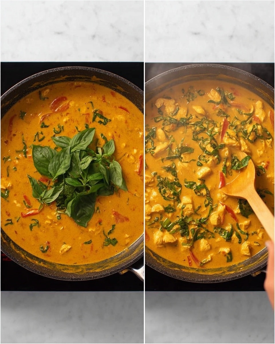The image shows two top-down views of a black pan on a white marbled surface, filled with a thick orange curry with visible creamy texture and small chunks of white meat and red bell pepper pieces. In the left pan, a pile of fresh green basil leaves sits neatly in the center of the vibrant curry. In the right pan, the green basil leaves are stirred throughout the curry, creating spots of bright green spread unevenly across the orange sauce. A woman's hand holding a wooden spoon is seen in the bottom right corner of the right pan, stirring the curry gently as light steam rises from the dish. photo taken with an iphone --ar 4:5 --v 7