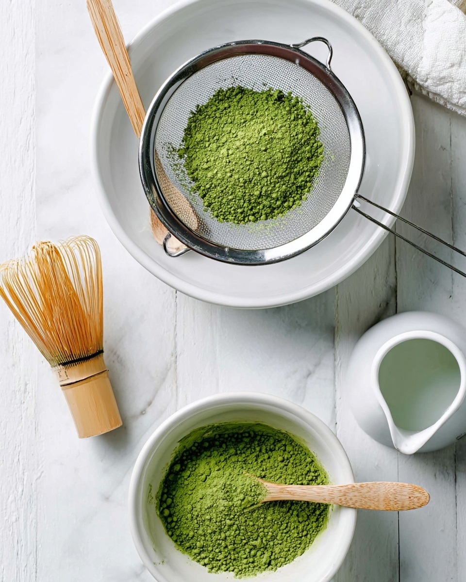 The image shows a white bowl in the center with a silver metal sieve resting on top, holding bright green powder. Above this bowl, there is another white bowl filled with the same green powder and a light wooden spoon placed inside it. To the bottom left, a light-colored bamboo whisk is visible, and a white small pitcher sits at the bottom right, all set on a white marbled surface. A soft white cloth is partly in the top right corner. The colors are mostly white and green, with natural wood and metal textures. photo taken with an iphone --ar 4:5 --v 7