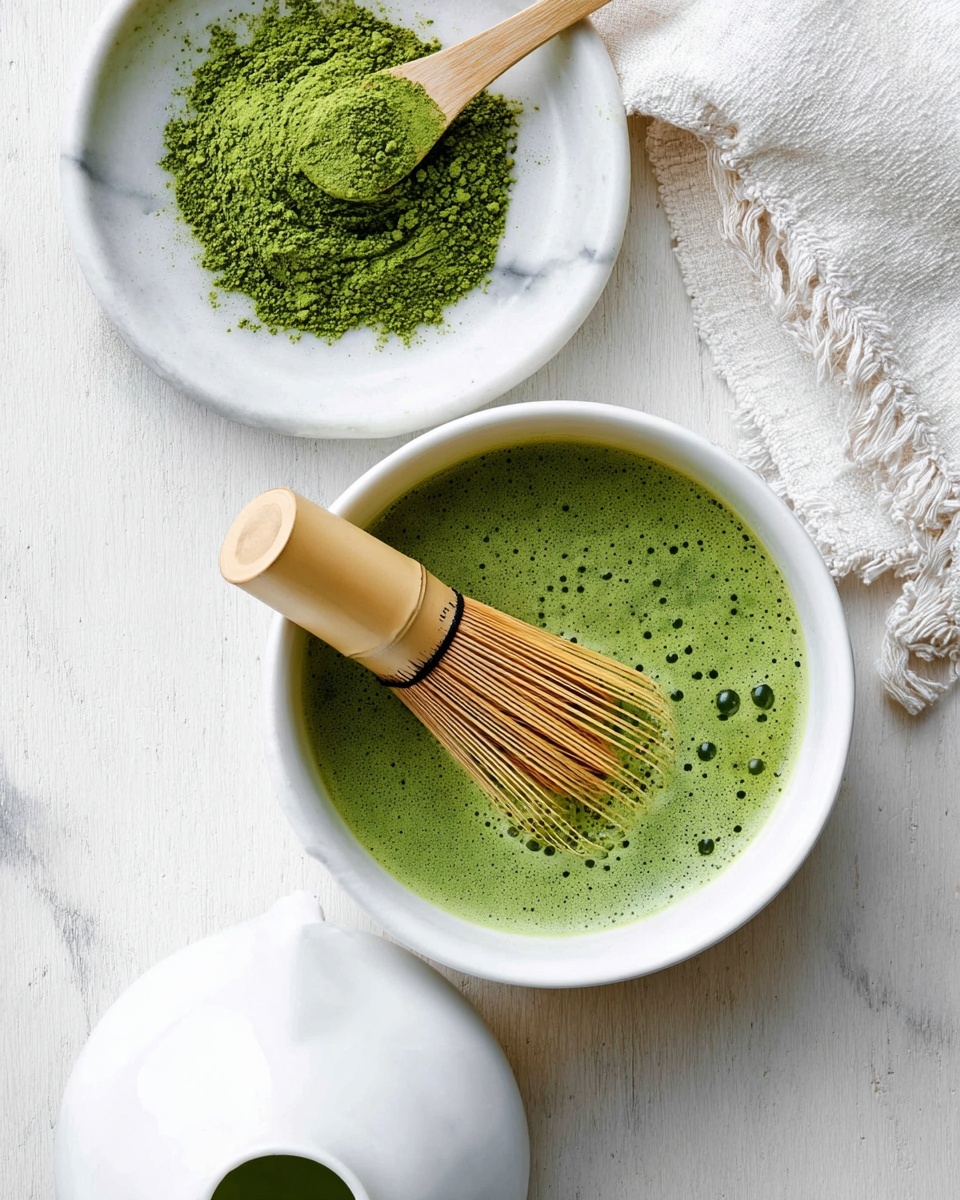 The image shows a white bowl filled with bright green matcha tea that has a smooth texture with small bubbles on top. Inside the bowl, there is a bamboo whisk resting diagonally, with its light tan color contrasting against the green tea. Above this bowl, there is a small white bowl containing a mound of finely powdered green matcha with a light wooden spoon resting on it. Below, a white pitcher with soft shadows is placed on the white marbled surface, which has subtle veins adding texture. To the right side, a white cloth with a loose weave and slightly frayed edges completes the light and clean composition. Photo taken with an iphone --ar 4:5 --v 7