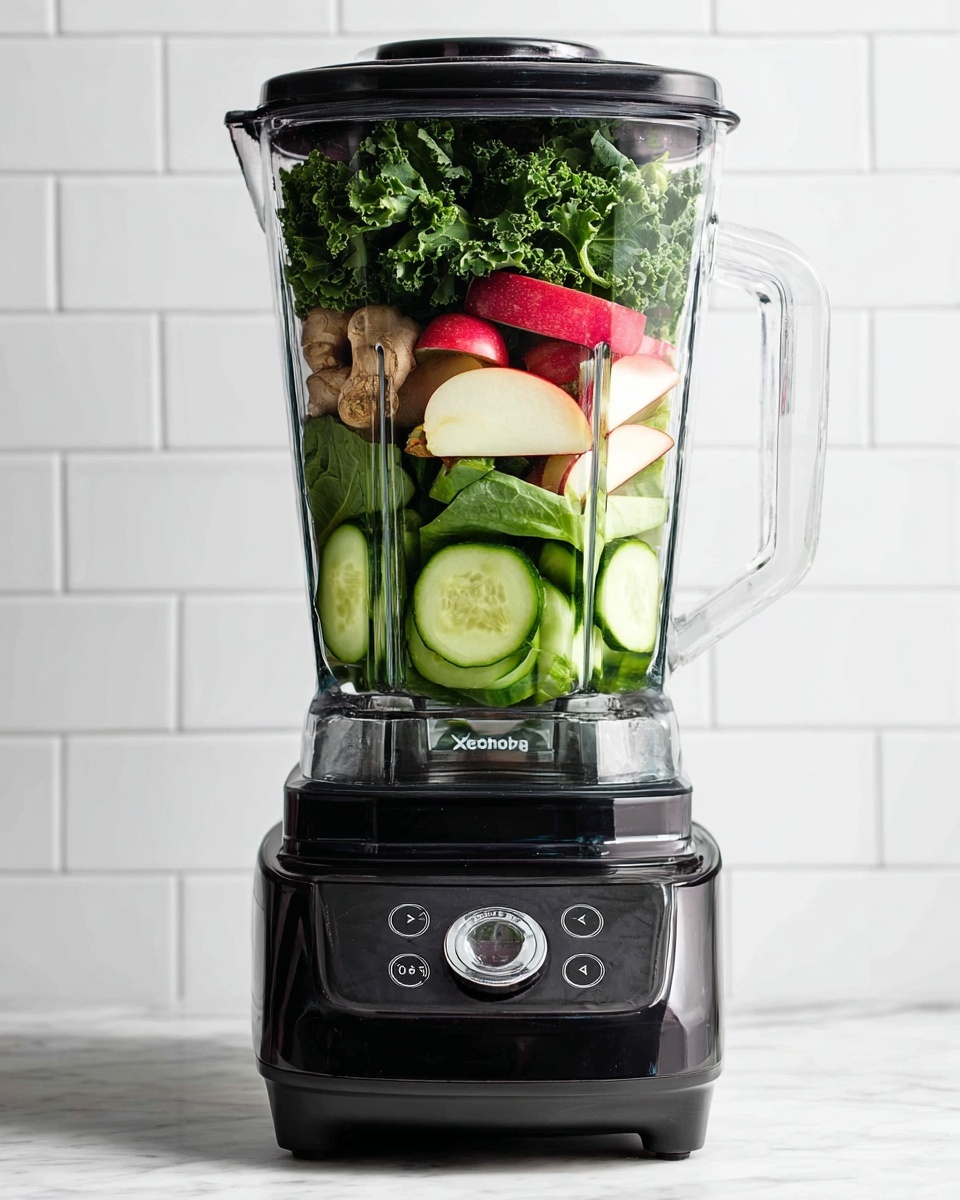 A clear blender container filled with layers of fresh vegetables and fruits sits on a black base with a control panel. The bottom layer has bright green cucumber slices and celery pieces. Above that, there are light brown slices of ginger and green spinach leaves. On top of these, there are thick slices of red apple with white flesh. The very top layer has dark green kale leaves. The blender is placed on a white marbled surface, with a white tiled wall background. photo taken with an iphone --ar 4:5 --v 7