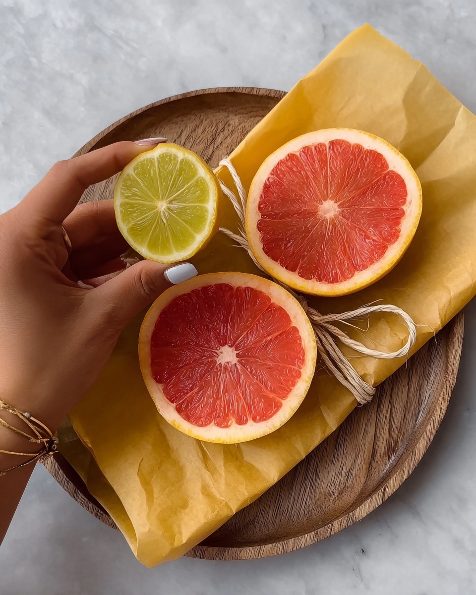 The image shows two large, round slices of bright red grapefruit with a light yellow edge placed side by side on yellow wrapping paper. On top of the red slices is one smaller, round slice of yellow lemon with a light green rind being gently held by a woman's hand with light gray nail polish and a thin gold bracelet. The wrapped paper is tied with natural string at both ends and set on a round wooden tray, all placed on a white marbled surface. photo taken with an iphone --ar 4:5 --v 7