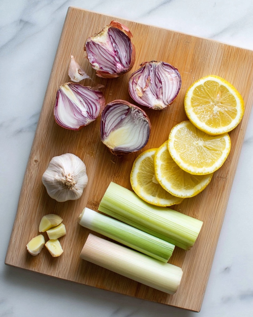 The image shows a wooden cutting board on a white marbled surface with several fresh ingredients arranged on it. At the top left, there are four shallots, each cut in half to reveal their purple and white layers inside. To the right of the shallots, there are five lemon slices, bright yellow with visible pulp and seeds. Below the lemons, two leek pieces are placed side by side, showing their pale green and white colors with a smooth texture. Towards the bottom left, there is a full head of garlic cut horizontally, displaying tightly packed, pale cloves, and next to it a small garlic piece with a section missing. No plates or bowls are present in the image. Photo taken with an iphone --ar 4:5 --v 7