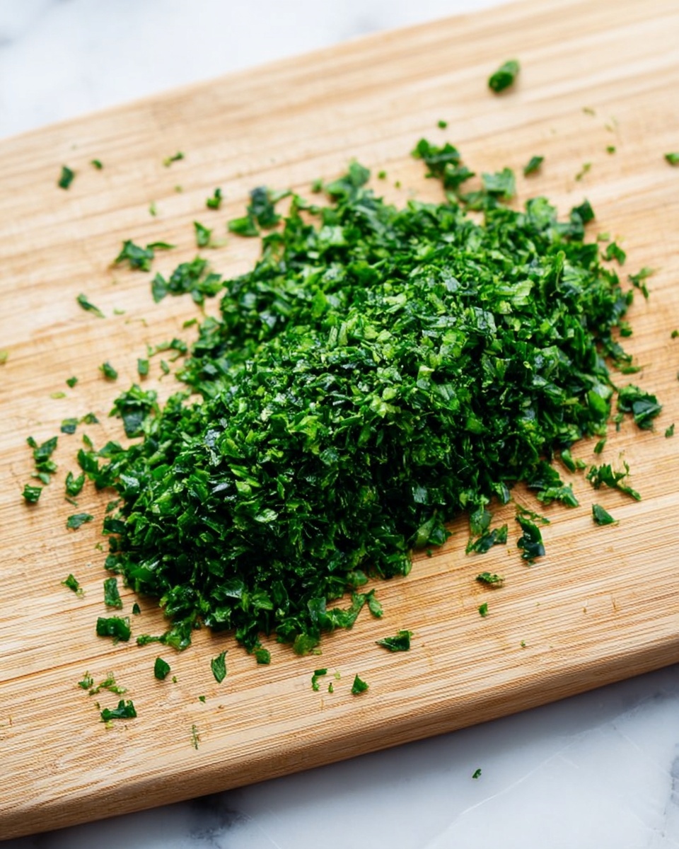 The image shows a pile of finely chopped fresh green herbs on a light wooden cutting board. The herbs have a vibrant, deep green color and a slightly moist texture, with small, uneven pieces scattered around the main pile. The wooden board has a smooth finish with natural light and dark streaks running horizontally. The background under the board is a white marbled texture. photo taken with an iphone --ar 4:5 --v 7