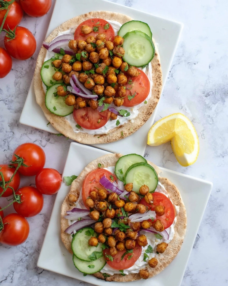 Two small round pita breads are placed on white square plates with a white marbled surface underneath. Each pita has three layers: the base is a spread of white creamy sauce, topped with slices of fresh red tomatoes and green cucumbers arranged side by side near the edge. Above these, there is a layer of golden-brown roasted chickpeas seasoned with small bits of purple onion and chopped green herbs scattered on top. A wedge of bright yellow lemon rests on the side of each plate. The scene includes fresh red tomatoes on the vine beside the plates. photo taken with an iphone --ar 4:5 --v 7