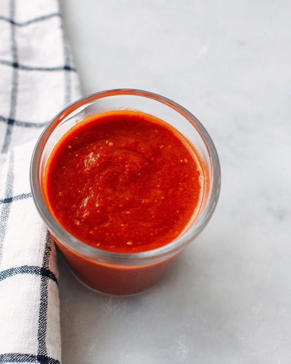 A small clear glass cup filled nearly to the top with thick, bright red sauce that has a smooth but slightly textured surface with small visible bits. The glass is placed on a white marbled surface, and a white cloth with navy and gray checkered lines is partially visible next to it on the left side. The lighting is soft and natural, highlighting the rich red color of the sauce. photo taken with an iphone --ar 4:5 --v 7