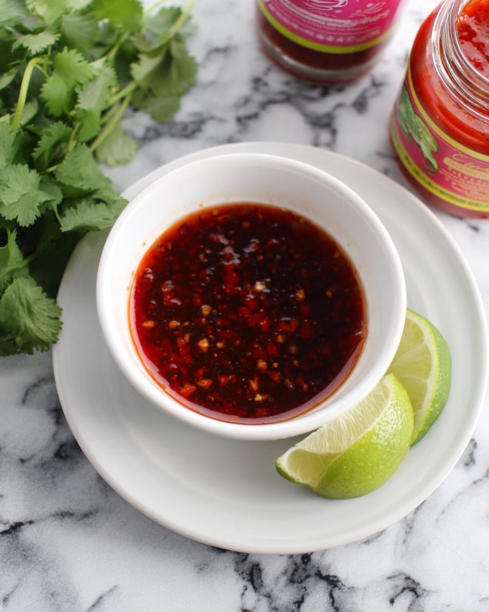 The image shows a white bowl filled with a dark red sauce that has small bits inside, placed on a white plate. Next to the bowl on the plate is a slice of lime with a bright green edge and pale inside. To the left of the plate, fresh green cilantro leaves rest on a white marbled surface. In the top right corner, an open jar with red sauce is partially visible and in the bottom right corner, a bottle with a pink and yellow label is also seen. photo taken with an iphone --ar 4:5 --v 7