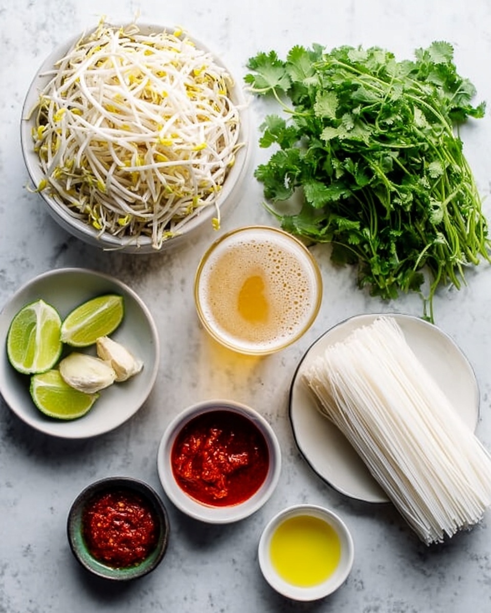 The image shows various cooking ingredients arranged on a white marbled surface. There is a white bowl filled with bean sprouts on the top left. Below it is a small white dish holding three lime wedges. To the right of the lime is a bunch of fresh cilantro with vibrant green leaves. Above the cilantro is a glass of light yellow beer with a foamy head. On the right side are several small white bowls and a plate: one bowl has bright red paste, another bowl contains yellow oil, and a third small bowl has some minced garlic. There is also a white bowl filled with coconut milk, and a white plate with a bundle of uncooked white rice noodles. The arrangement is neat and colorful, with fresh and raw ingredients. photo taken with an iphone --ar 4:5 --v 7