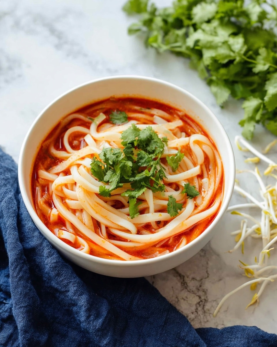 A white bowl filled with light orange soup that has thin, long noodles twisting through it, topped with scattered green cilantro leaves. A silver fork lifts a bunch of noodles from the center of the bowl, showing their soft texture. To the side, a small white plate holds a lime wedge, and a small pile of white bean sprouts lies next to the bowl. The background is a white marbled surface with a dark blue cloth partially visible under the bowl. photo taken with an iphone --ar 4:5 --v 7