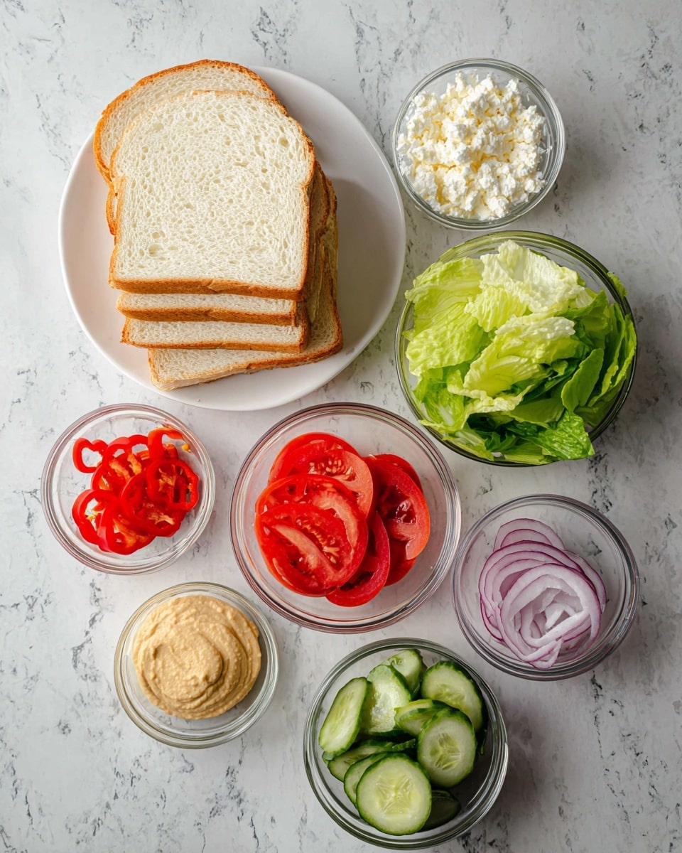The image shows sandwich ingredients arranged neatly on a white marbled surface. On the left side, there are four slices of white sandwich bread stacked slightly overlapping on a white plate. Surrounding the bread, there are five small clear glass bowls each holding different ingredients: bright red whole peppers in the top bowl, white crumbly cheese in the top right bowl, fresh green lettuce leaves on a white plate nearby, thin red onion slices in the middle right bowl, light beige hummus in the bottom middle bowl, crisp cucumber slices in the bottom left bowl, and neatly stacked slices of red tomato in the middle bowl. The ingredients are fresh and colorful, ready to be assembled into a sandwich. photo taken with an iphone --ar 4:5 --v 7