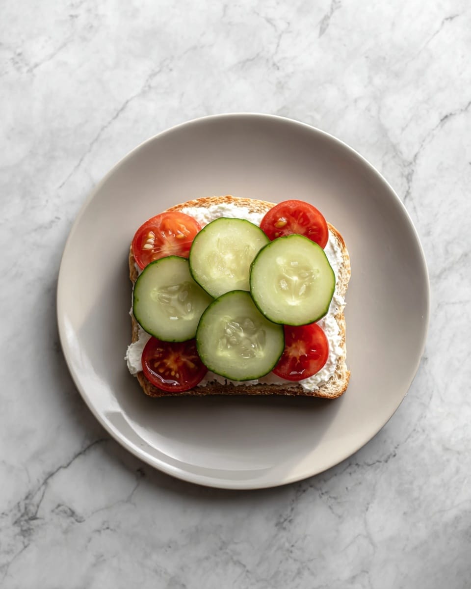 A slice of light tan bread is placed in the center of a white plate, topped with a layer of white spread that looks soft and crumbly, followed by bright red cherry tomato halves arranged over it. On top of the tomatoes, there are five round, light green cucumber slices with visible seeds, neatly spread out across the bread. The plate sits on a white marbled surface, providing a clean and simple background. photo taken with an iphone --ar 4:5 --v 7