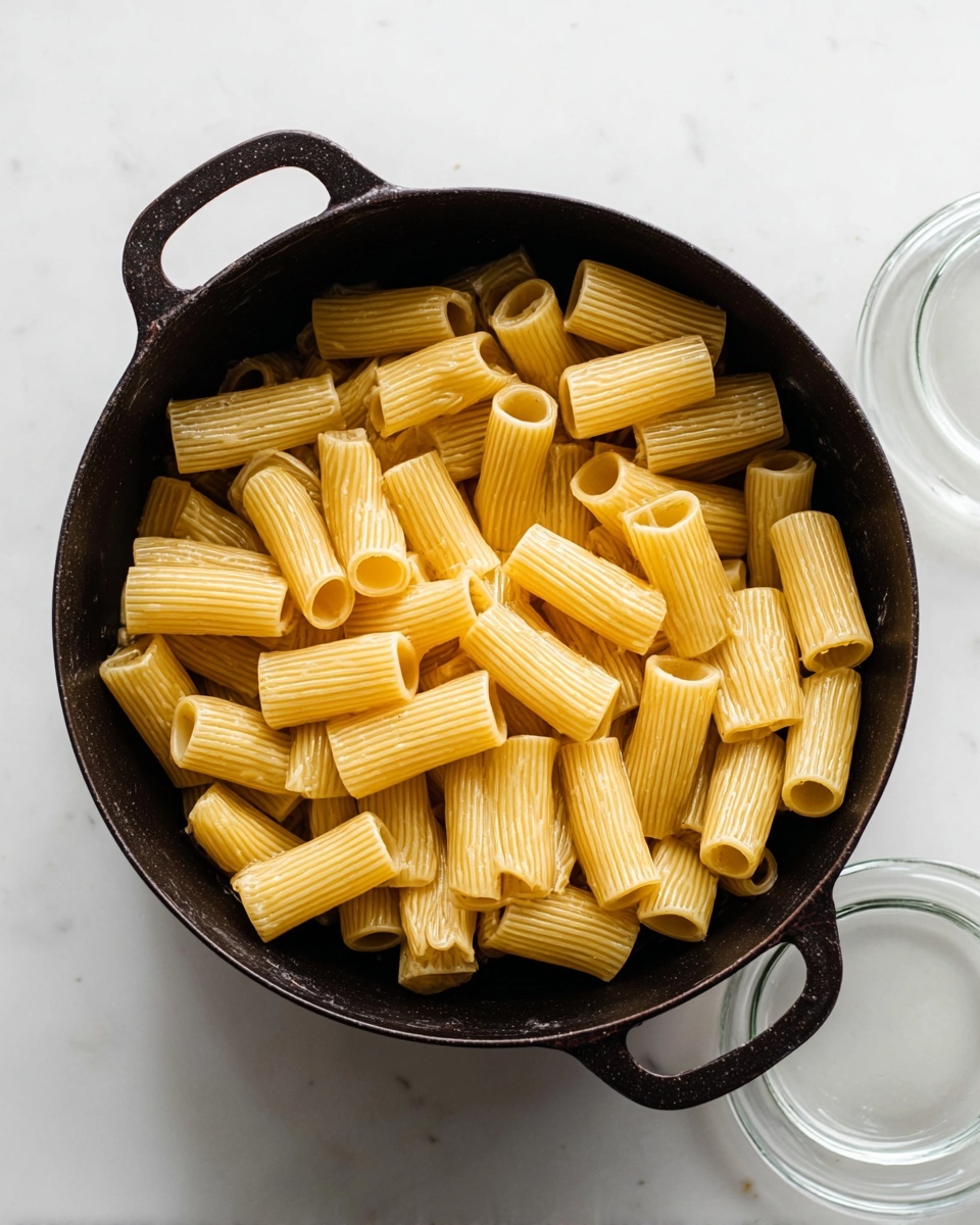 A round black cast iron pot filled with cooked rigatoni pasta, each tube a light golden-yellow color with subtle ridges, neatly stacked and filling the pot almost to the top. The pot sits on a white marbled surface with two clear glass lids positioned near the top right. The lighting emphasizes the soft texture and slight sheen on the pasta, steam rising gently from the warm dish. photo taken with an iphone --ar 4:5 --v 7
