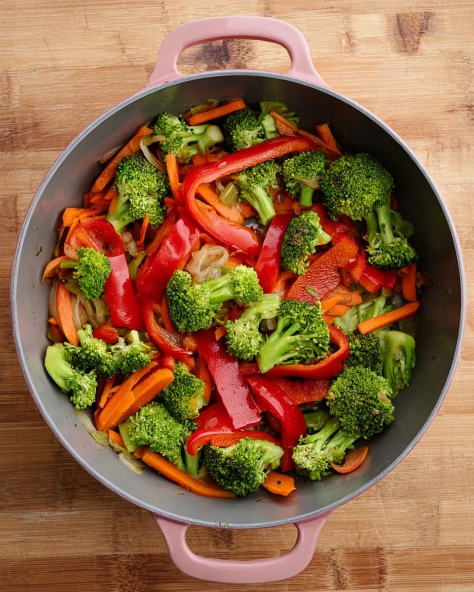 A gray pan with light pink handles holds a mix of vegetables on a wooden surface. The bottom layer has thin orange carrot strips scattered all around. On top are medium-sized bright green broccoli florets with firm texture, and large cut pieces of red bell peppers that are shiny and smooth. The colorful vegetables fill the pan evenly without overlapping too much. Photo taken with an iphone --ar 4:5 --v 7