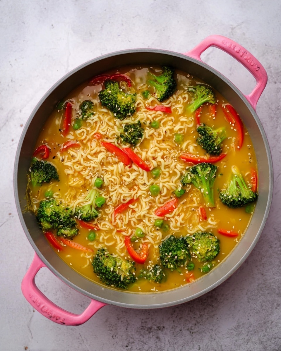 A gray pan with pink handles holds a bright yellow broth filled with several pieces of white instant noodles floating on top. Around and between the noodles are bright green broccoli florets and thin red bell pepper strips scattered evenly throughout the broth. The pan sits on a white marbled surface, and the colors of the vegetables and noodles contrast well with the warm yellow broth. Photo taken with an iphone --ar 4:5 --v 7