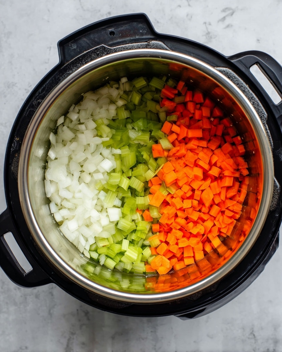 Inside a black Instant Pot with a shiny silver inside, there are three layers of chopped vegetables arranged side by side. On the left is a layer of white chopped onions with a soft texture, in the middle is a layer of light green chopped celery with a crisp look, and on the right is a layer of bright orange chopped carrots that have a slightly smooth texture. The pot sits on a white marbled surface. photo taken with an iphone --ar 4:5 --v 7