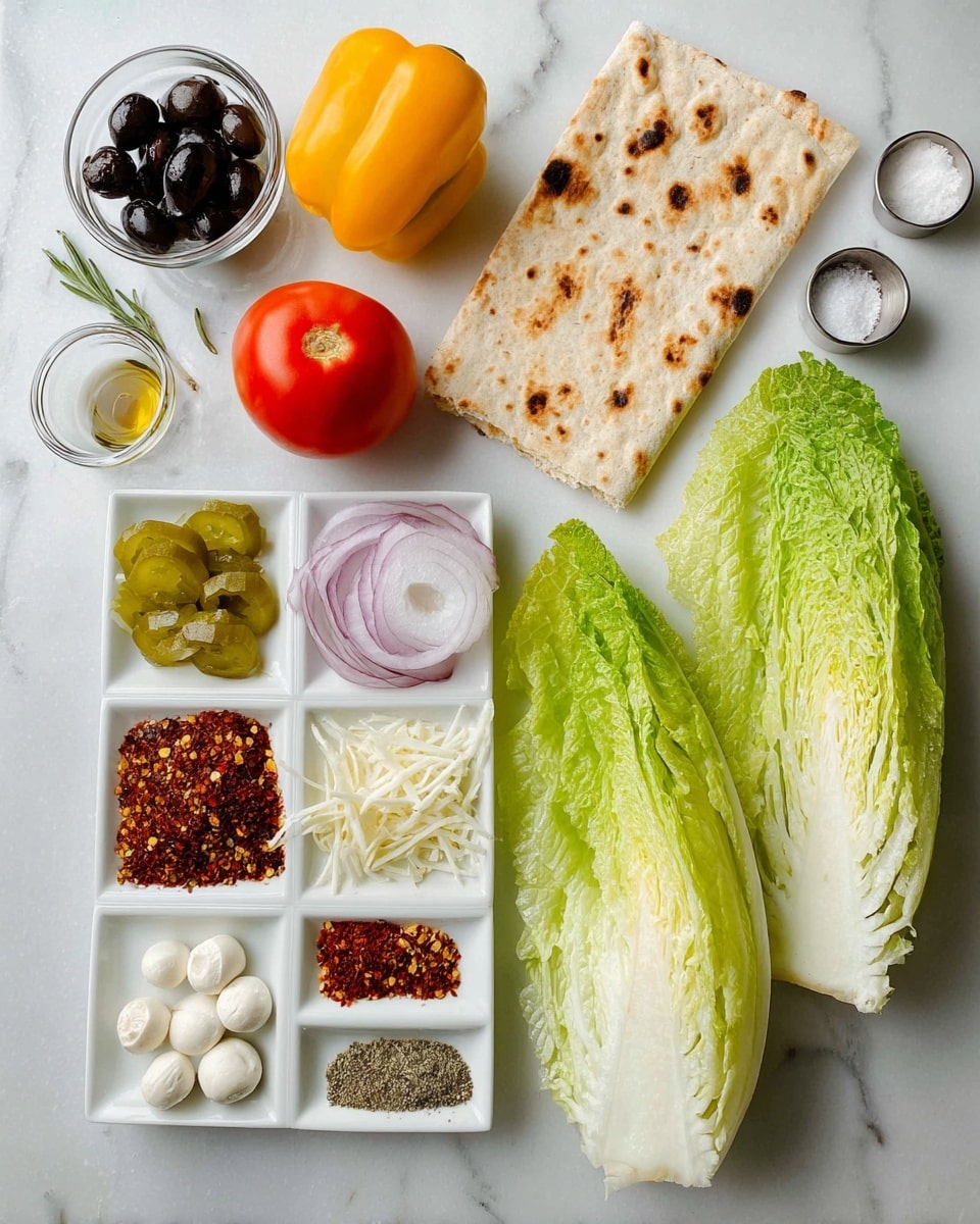 The image shows an arrangement of fresh ingredients on a white marbled surface. On the right side, there are two large green romaine lettuce halves with crisp textures. Next to them, a flat, rectangular piece of light brown flatbread with darker toasted spots is placed vertically. In small clear bowls scattered around, there are black sliced olives, small white mozzarella balls, yellow pepperoncini peppers, thinly sliced red onions, and shredded white cheese. A whole red tomato and a bright yellow bell pepper add vibrant colors. There is also a white square dish divided into four sections, each holding different spices: red pepper flakes, dried rosemary, garlic powder, and dried oregano. Three small silver bowls contain salt, a dark liquid, and a creamy sauce. photo taken with an iphone --ar 4:5 --v 7