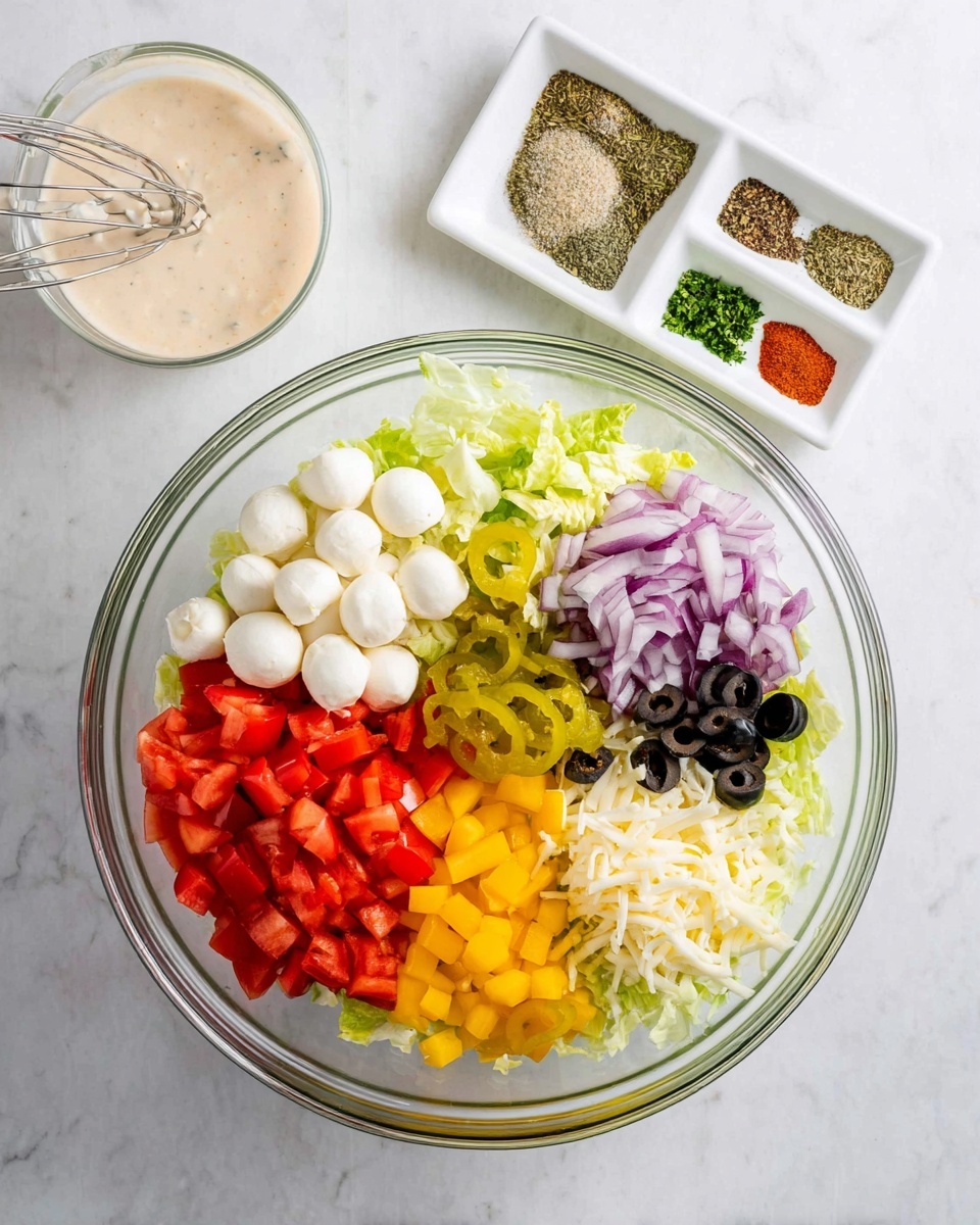 A clear glass bowl filled with chopped fresh salad ingredients arranged in sections: bright red diced tomatoes at the bottom right, yellow diced bell peppers at the bottom left, small white mozzarella balls on the left, thinly sliced purple onions at the right, shredded white cheese in the center, dark black sliced olives next to the mozzarella, and light yellow pepperoncini peppers near the top center, all resting on a bed of light green shredded lettuce. To the top left, there is a small clear glass bowl with creamy dressing and a whisk inside it. To the top right, a white divided dish holds four different dried herbs or spices. The entire scene is set on a white marbled surface. Photo taken with an iphone --ar 4:5 --v 7