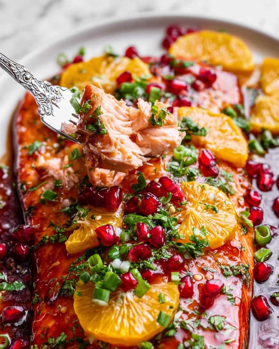 The dish shows a cooked salmon fillet with a shiny, reddish-brown glaze on its surface. On top, there are evenly placed orange slices with a bright yellow color, scattered green chopped herbs, and green onion slices adding fresh texture. Small, shiny red pomegranate seeds are sprinkled around the top for a pop of color. A silver ornate fork is lifting a flake of the tender salmon, showing the pink inside. The dish sits on a white plate, and the white marbled surface underneath adds a clean, light background. Photo taken with an iphone --ar 4:5 --v 7