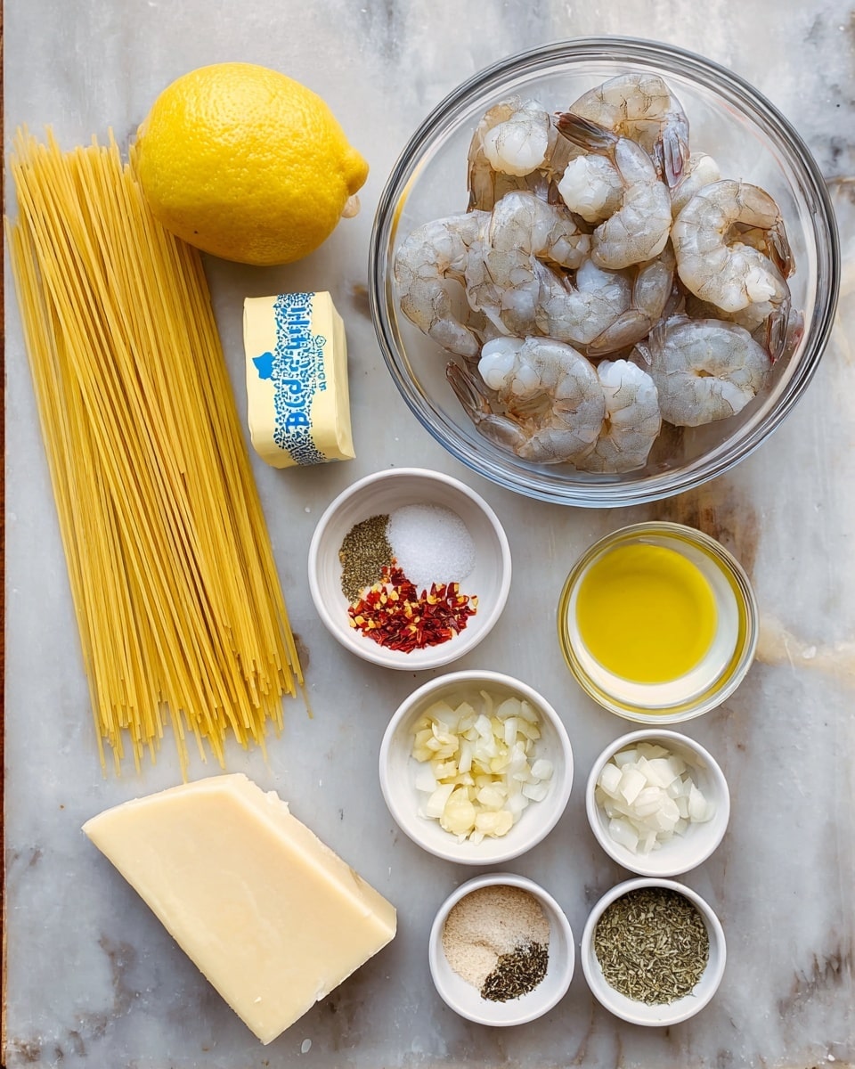 The image shows all the ingredients for a shrimp pasta dish arranged neatly on a white marbled surface. At the top right, there is a clear glass bowl filled with raw shrimp that are grayish-white with dark tails. Next to it on the left is a whole bright yellow lemon and a stick of salted butter with blue text on the wrapper. Below these, on the left side, there is a bundle of uncooked yellow spaghetti pasta laying flat. Below the shrimp bowl, there are small white bowls holding different ingredients: one with minced garlic, one with red chili flakes, one with chopped white onions, one with green dried herbs, one with golden olive oil, a small bowl with salt, and another one with black pepper. At the bottom left corner, there is a wedge of pale yellow hard cheese. photo taken with an iphone --ar 4:5 --v 7