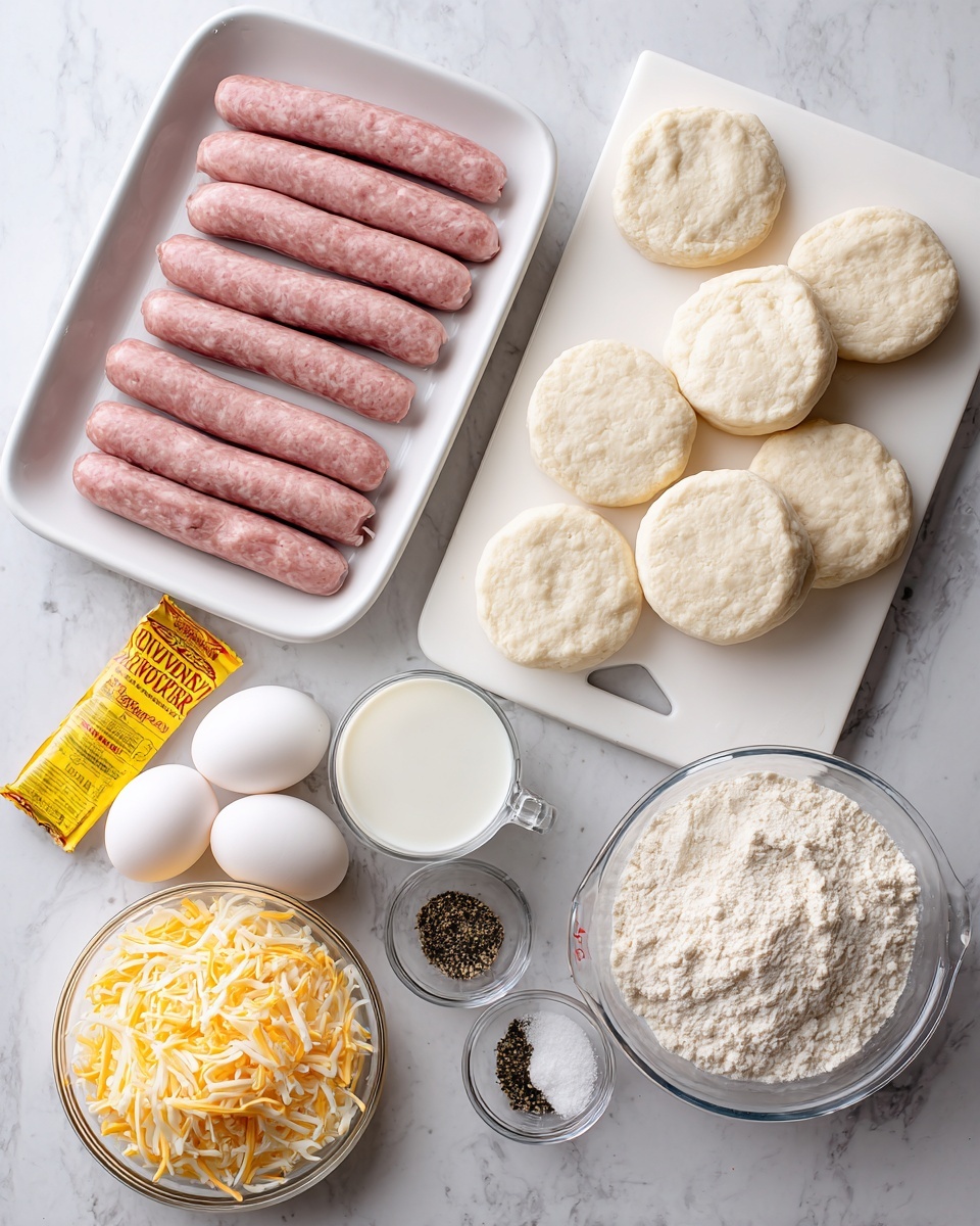 The image shows several cooking ingredients arranged neatly on a white marbled surface. In the top left is a white tray with rows of raw sausage links in pink and red tones. To the right, on a white cutting board, are several round, pale biscuit dough pieces stacked casually. Below them, six white eggs lie close together. A clear glass measuring cup filled with white milk is placed near the eggs. Centered in the image is a yellow and blue packet of country gravy mix, with an image of white gravy on fried food. At the bottom left, a clear glass bowl holds a mix of shredded yellow and white cheese. A small glass bowl with black pepper and white salt is placed near the eggs. The overall colors are soft and fresh, with a clean, bright look. Photo taken with an iphone --ar 4:5 --v 7