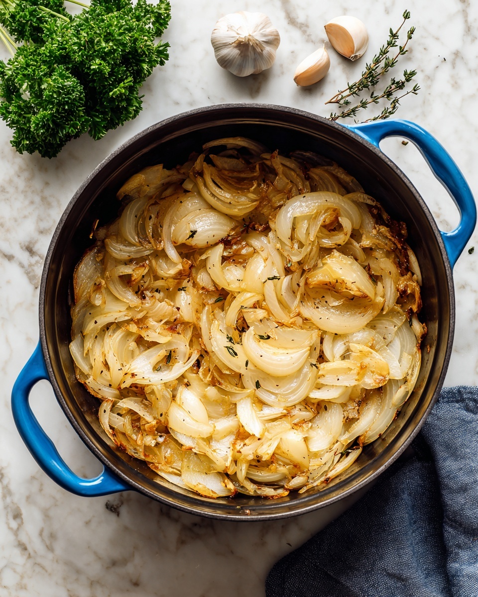 A black pot with two blue handles filled with cooked onion slices that are soft and golden brown in color, resting on a white marbled surface. Around the pot, there are three garlic cloves and two small green herb sprigs placed near the bottom right side, while fresh green parsley leaves can be seen in the top left corner. The onions inside have a shiny texture from being cooked with oil, showing some caramelized edges. Photo taken with an iphone --ar 4:5 --v 7