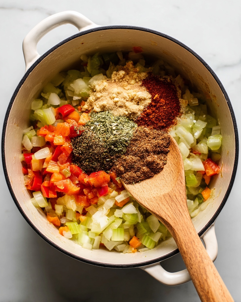 Inside a white pot with a black rim, there is a mix of chopped vegetables and spices. The bottom layer shows cooked onions, green and orange pieces of celery, and red and green peppers, all soft and mixed together. On top of these vegetables, there are several piles of dry spices in different colors: light brown, greenish herbs, reddish powder, and small white minced garlic pieces. A wooden spoon is placed vertically inside the pot, resting among the spices and vegetables. The pot is set on a white marbled surface. photo taken with an iphone --ar 4:5 --v 7