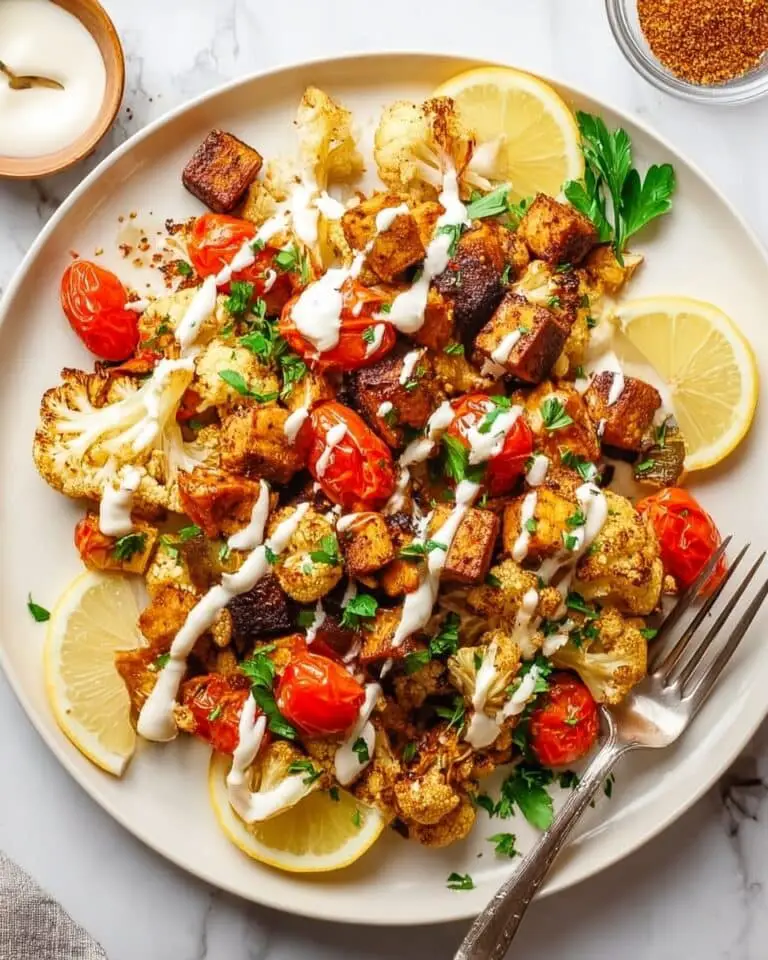 One Pan Spiced Cauliflower, Sweet Potato & Halloumi Roast with Lemon Yogurt Sauce Recipe