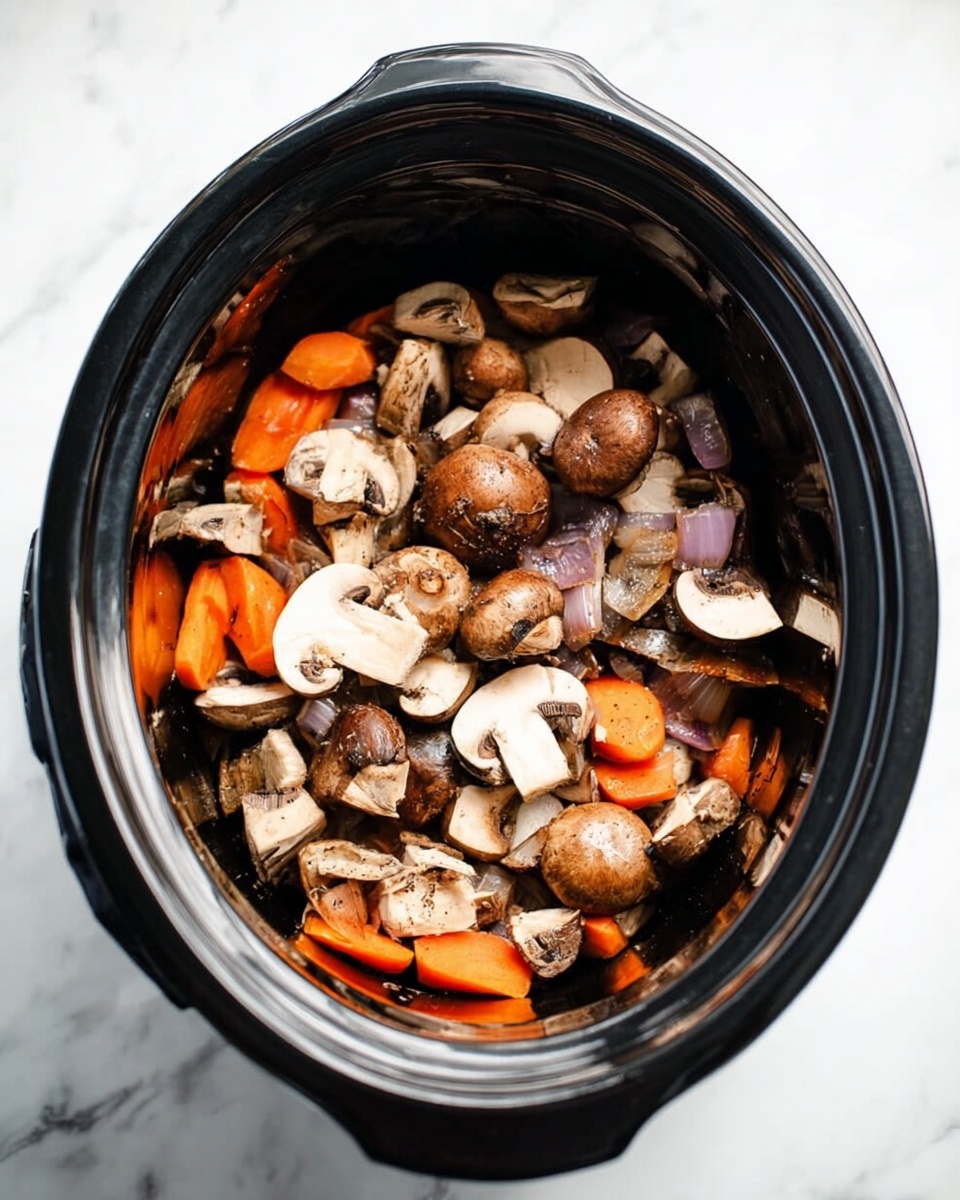 A black slow cooker is filled with layered vegetables on a white marbled surface. At the bottom, there are sliced orange carrots, mostly hidden. Above the carrots, there are pieces of onion with light purple and white color. The top layer is full of brown mushrooms, some sliced and some whole, showing their white insides and dark gills. The colors are natural and fresh, with the black slow cooker creating a strong contrast. photo taken with an iphone --ar 4:5 --v 7