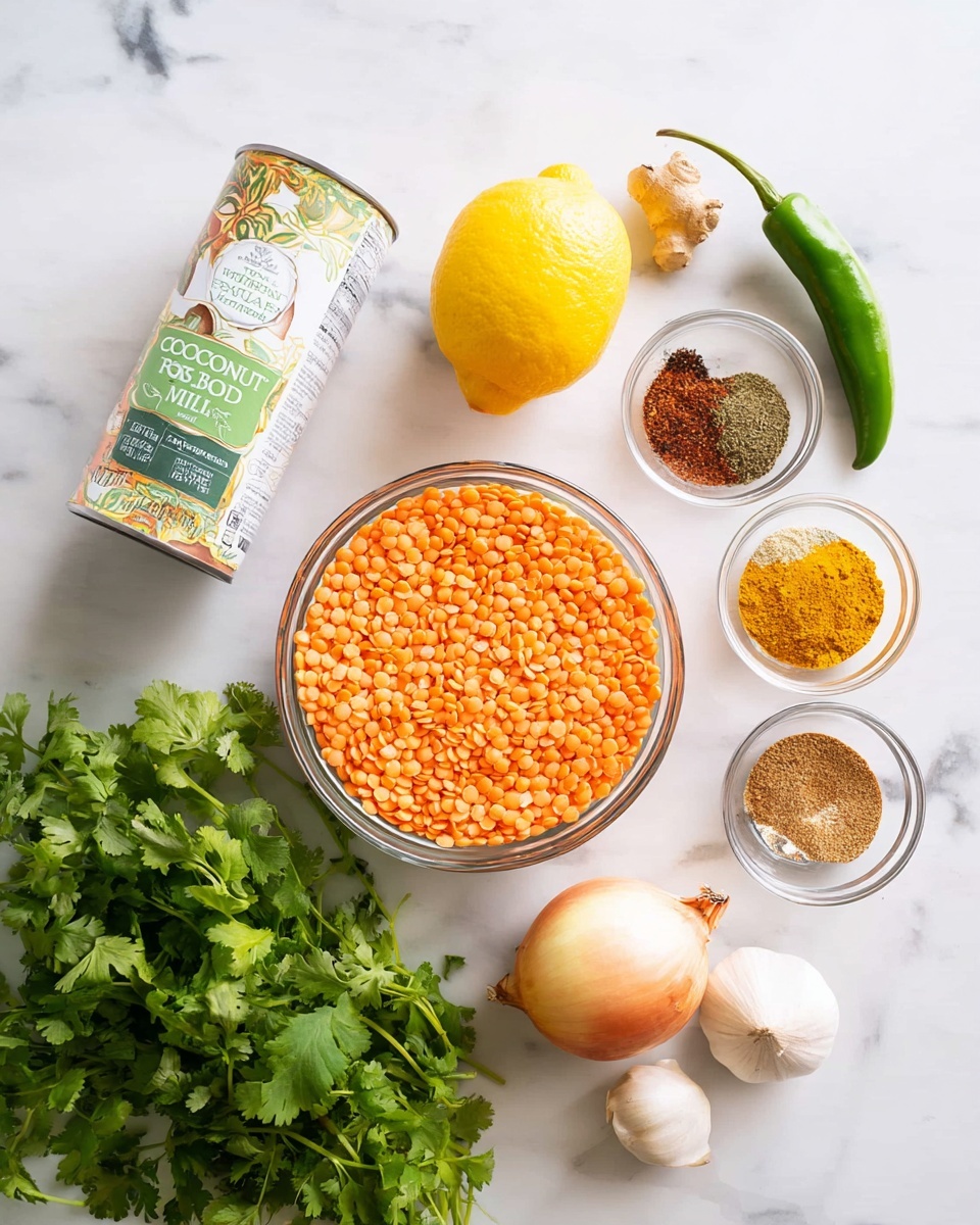 The image shows a thick yellow soup with visible lentils and small pieces of herbs inside a white pot with a soft green handle. The soup is garnished with fresh green cilantro and a slice of green chili on top of a spoonful raised above the pot. The texture of the soup looks creamy and chunky, with a bright yellow color mixed with green herb pieces. The pot is placed on a white marbled surface with a white cloth beneath it. Photo taken with an iphone --ar 4:5 --v 7
