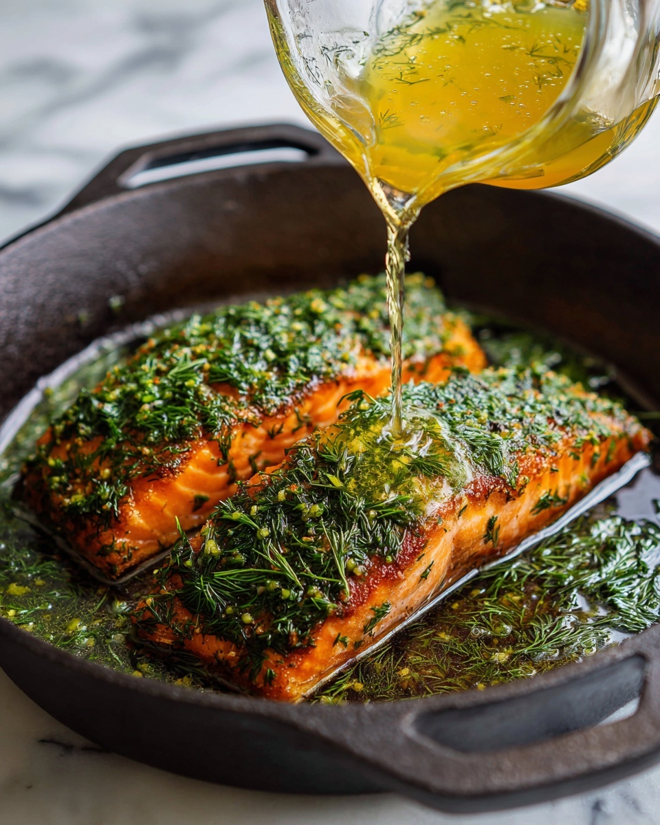A black cast iron pan holds two thick salmon fillets with rich orange color, fully covered with finely chopped bright green herbs like parsley and dill, creating an even textured layer on top. Above them, a clear glass measuring cup pours a shiny yellow liquid over the herbs, catching light and highlighting the motion. Some loose herb leaves are around the edges inside the pan. The pan sits on a white marbled surface. Photo taken with an iphone --ar 4:5 --v 7