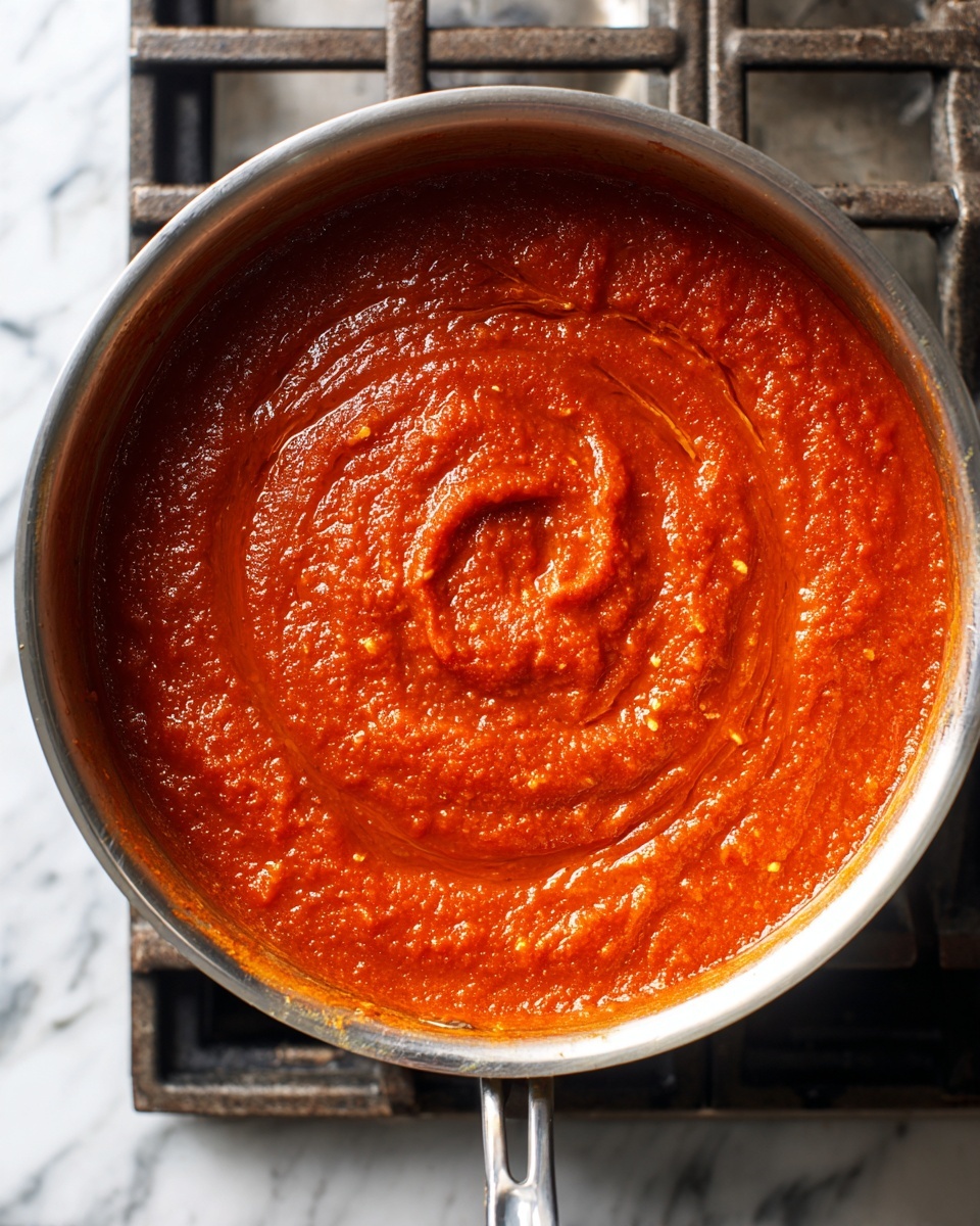A close-up view of a silver-colored pot filled with thick, bubbling red tomato sauce. The sauce has a smooth texture with small bits of ingredients visible, creating a slightly chunky look. In the middle, there is a swirled pattern from stirring, showing a bit of oil shining on the surface. The pot is sitting on a stove with a dark metal grate. The background shows part of the stove top, and the surface underneath looks like white marble. photo taken with an iphone --ar 4:5 --v 7