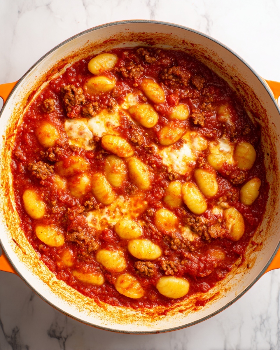 A large pan filled with a cooked dish showing soft, oval-shaped yellow gnocchi pieces mostly submerged in a thick, bright red tomato sauce. Scattered in the sauce are small brown sausages and white, melted cheese blobs that are lightly browned on top, giving a bubbly and creamy texture. The sauce appears chunky with bits of tomato and has a slight shine from the oil. The pan is white on the inside with an orange rim, and the edges of the pan are splattered with sauce, showing signs of cooking. The photo is taken on a white marbled surface. photo taken with an iphone --ar 4:5 --v 7