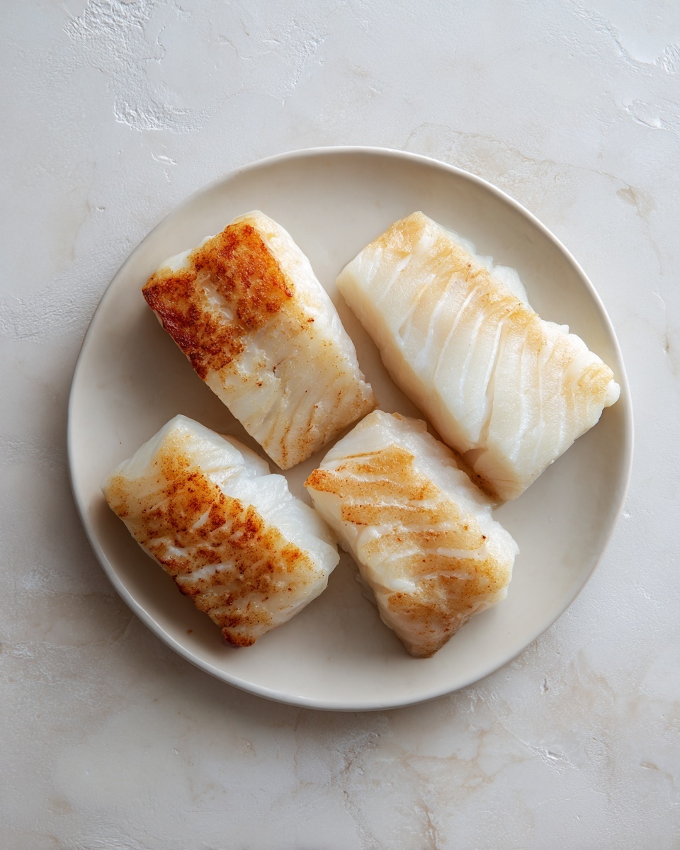 The image shows four pieces of cooked white fish fillets placed on a round white plate. Each fillet has a slightly golden brown top layer with a smooth, moist texture. The fillets vary in size, arranged side by side going from smaller to larger from left to right. The plate sits on a white marbled surface with some visible texture. The overall color palette includes creamy white and light golden brown tones. photo taken with an iphone --ar 4:5 --v 7