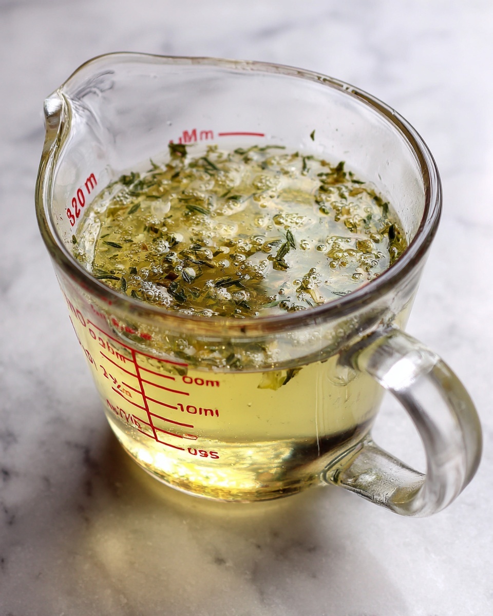 A clear glass measuring cup filled about halfway with a light greenish-yellow liquid that has visible small herb pieces and bubbles on the surface, giving it a textured, slightly oily appearance. The cup has a clear glass handle on the right side and red measurement markings on the side facing the viewer. It is placed on a white marbled surface. photo taken with an iphone --ar 4:5 --v 7