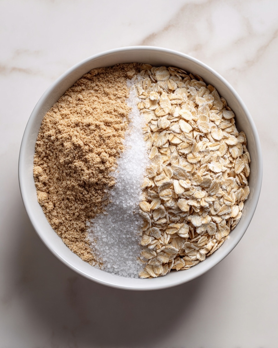 A close-up image shows a white bowl on a white marbled surface, filled with two main dry ingredients separated vertically. On the left side, there is a pile of light brown powder with a smooth and fine texture, while on the right side, there are many light beige rolled oats with a rough, flaky texture. A small pinch of white salt is placed on top of the oats near the center line. Photo taken with an iphone --ar 4:5 --v 7
