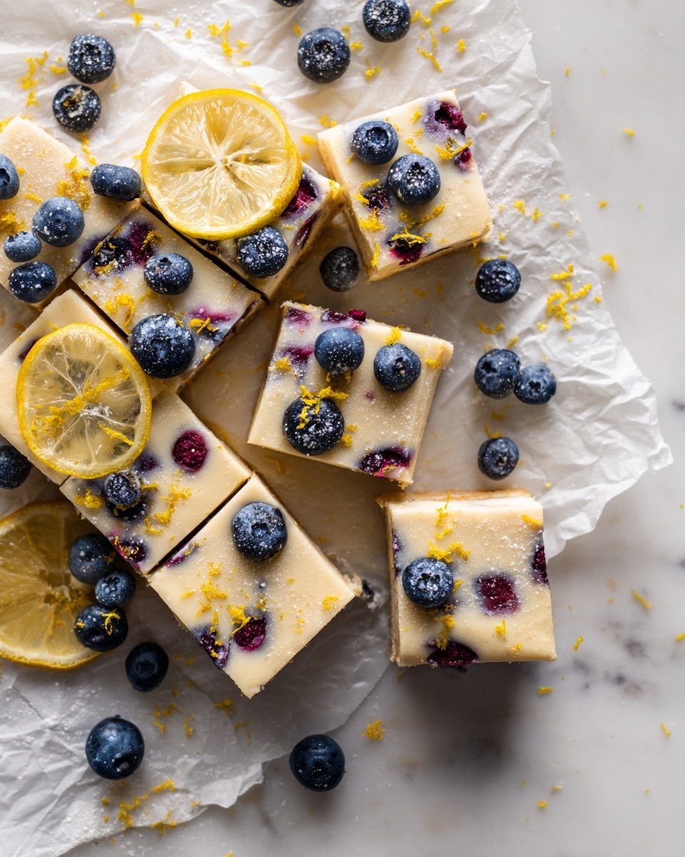 The image shows a stack of three thick bars with three layers each; the bottom layer is a light, crumbly crust, the middle layer has a creamy pale yellow color mixed with dark purple berries, and the top layer is slightly glossy with a smooth pale yellow color, containing scattered dark purple and red berries embedded inside, topped with a small thin slice of lemon. Surrounding the stack, there are loose blueberries and lemon slices on a textured pink surface with crumbled crumbs and pieces of the bars. In the background, there is a white bowl containing blueberries and more bars lying around. The photo taken with an iphone --ar 4:5 --v 7