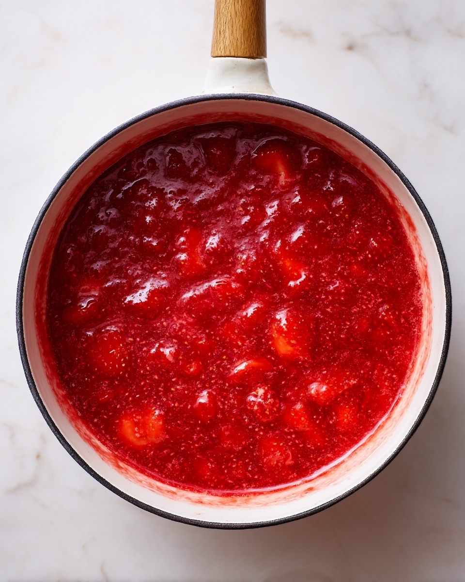 A close-up top view of a white enamel pot with a wooden handle sitting on a white marbled surface, filled with a thick, bright red sauce made from cooked strawberries. The sauce has visible chunks of soft strawberries mixed into a smooth, slightly bubbly liquid, creating a rich texture with various shades of red and hints of orange reflections. The pot is round with a thin black rim at the edge, and the bright vibrant red sauce fills it nearly to the top. Photo taken with an iphone --ar 4:5 --v 7