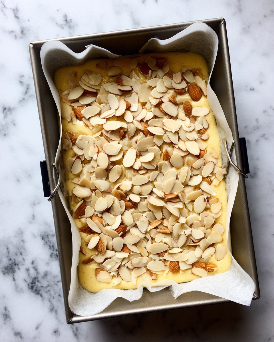 A loaf of yellow-orange cake topped with a layer of sliced almonds on top, placed on a piece of white parchment paper on a wooden board. Two thick slices of the cake are lying flat next to the loaf, showing a soft, moist texture inside. Around the board, there are three bright orange halves with visible juicy segments, along with white flowers and green leaves arranged on a white marbled surface. Photo taken with an iphone --ar 4:5 --v 7