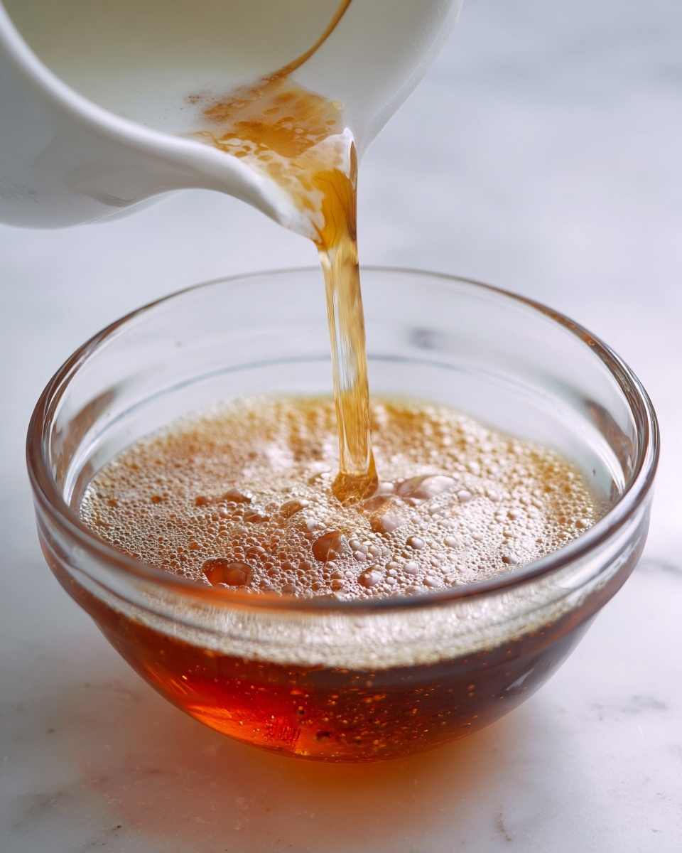 A clear glass bowl sits on a white marbled surface, with a thin layer of golden brown foam liquid flowing from a white container above it, creating bubbles as it pours. The liquid texture is smooth and slightly frothy, showing a gradient from dark amber near the top inside the container to a lighter foamy tan as it falls. The white container spills the liquid gently downward, with foam clinging to its inner edge. Photo taken with an iphone --ar 4:5 --v 7