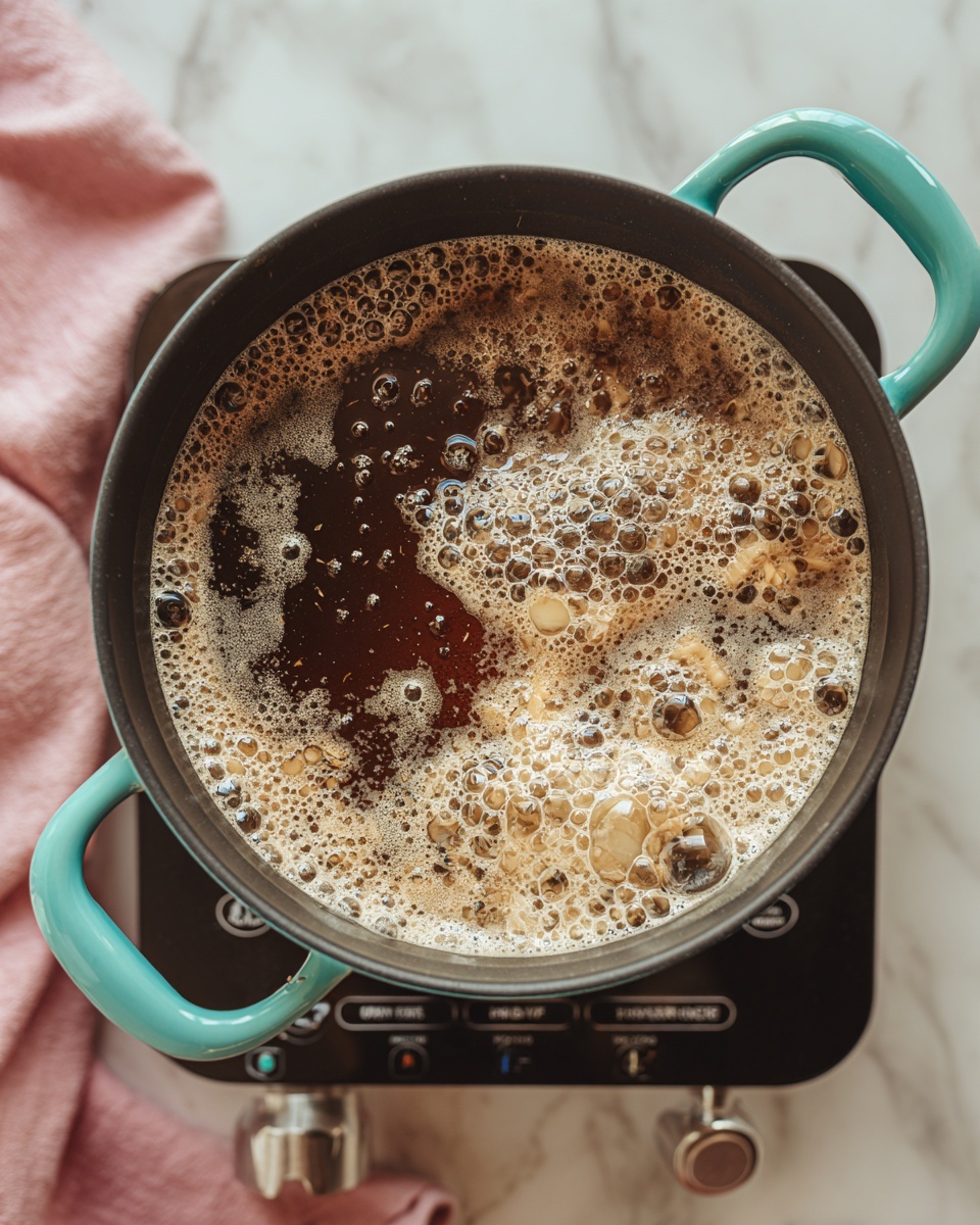 A close-up top view of a round black pot with turquoise handles on a white marbled surface. Inside the pot, there is a dark brown liquid mixture boiling with visible bubbles and pieces of light brown translucent onions floating. The liquid has a frothy, bubbly texture around the edges, creating a ring of lighter foam. Part of the black electric stovetop with some control buttons and symbols is visible, highlighting the cooking process. A pink cloth is slightly seen at the bottom left corner, adding a soft touch to the scene. Photo taken with an iphone --ar 4:5 --v 7