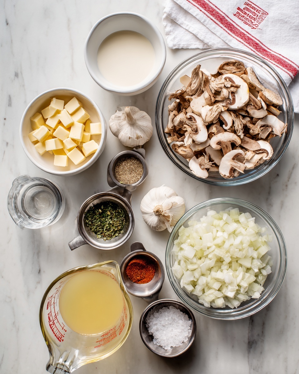 A top view of several ingredients placed on a white marbled surface, including a large clear bowl filled with sliced brown and white mushrooms on the right side, and a smaller clear bowl with chopped white onions at the bottom right. Near the center, there is a white bowl with a creamy white substance above it, a white bowl holding small yellow cubes of butter on the left, and a small metal cup with white salt above that. Below the white bowl is a large glass measuring cup with pale yellow liquid, and next to it smaller metal cups hold chopped garlic, red spice powder, green herbs, and dark liquid. A white cloth with a red stripe is folded in the top right corner. Photo taken with an iphone --ar 4:5 --v 7