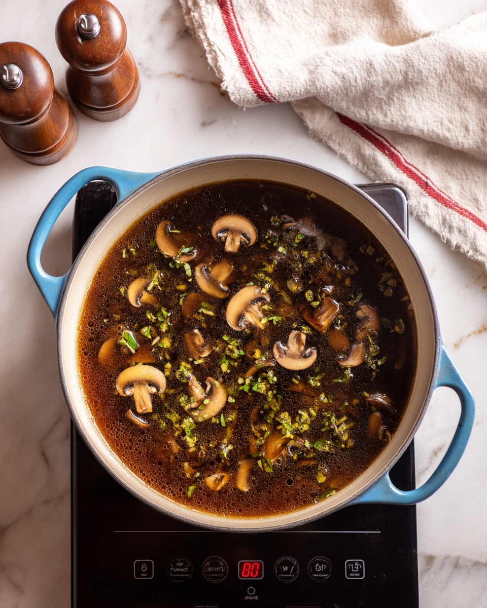 A blue pot with a white inside is filled with a dark brown soup that has visible sliced mushrooms floating on the surface along with green and yellow herbs mixed throughout. The pot sits on a black induction cooktop displaying controls and a red number 9. Above the pot is a folded white cloth with a red stripe on a white marbled surface. Two salt and pepper grinders with wooden tops are placed in the top left corner of the image. Photo taken with an iphone --ar 4:5 --v 7