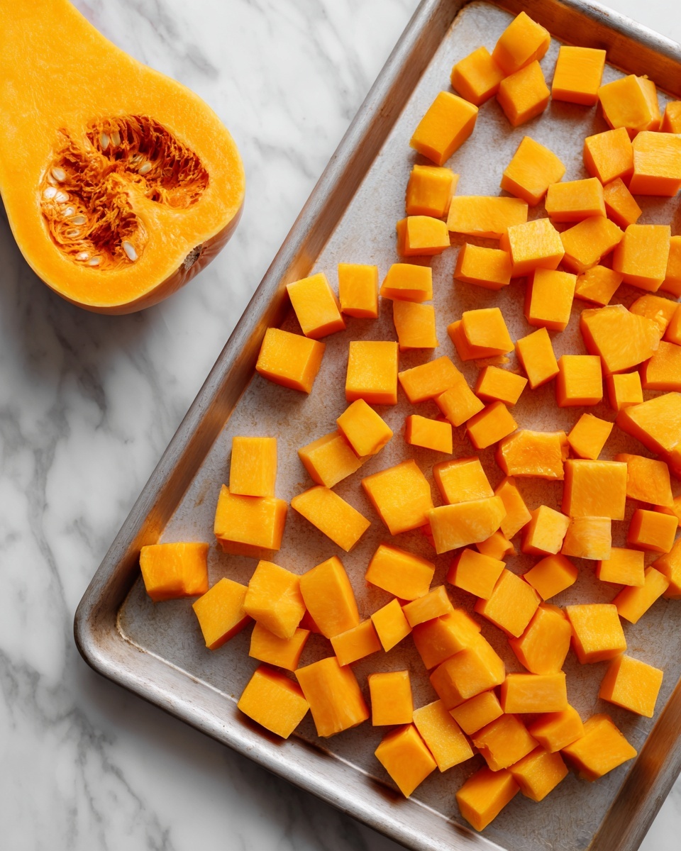 The image shows a metal baking tray filled with many small cubes of bright orange butternut squash pieces, spread out in a single layer, on a white marbled surface. The squash cubes are evenly sized, with smooth edges and slightly varied shades of orange, indicating freshness. There is a halved butternut squash with visible seeds on the top left side of the surface. The metal tray has a slight shine and reflects light softly. photo taken with an iphone --ar 4:5 --v 7