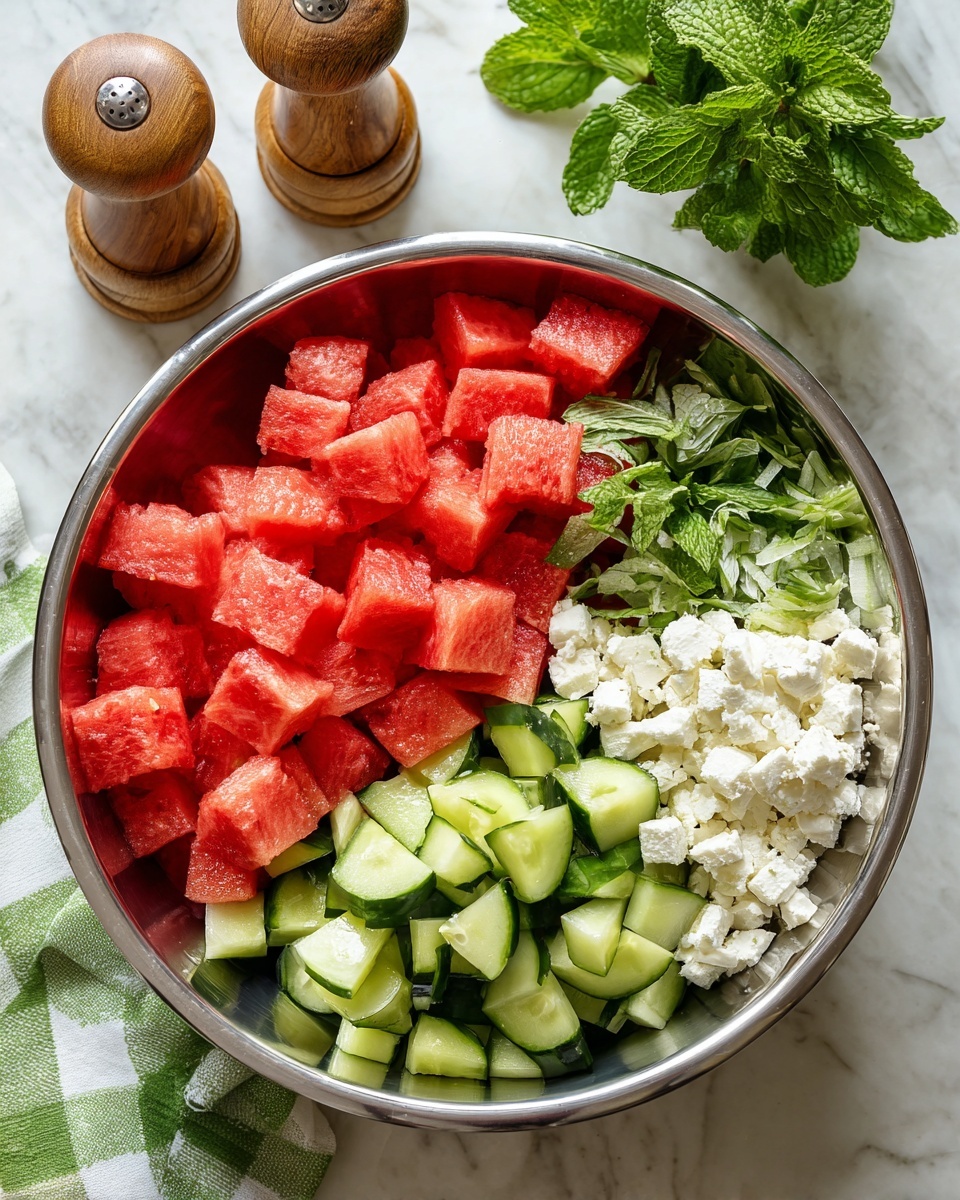The image shows a white bowl filled with a colorful salad made of several layers. The base layer consists of red watermelon cubes and green cucumber pieces mixed together, giving a fresh look with their juicy and crisp textures. Over these, there are thin purple onion slices spread throughout. Small crumbles of creamy white cheese are scattered over the salad, adding a textured contrast. Finely chopped green mint leaves are sprinkled on top, and some whole mint leaves sit prominently on one side as garnish. The bowl is placed on a white marbled surface with a clear pepper grinder with a wooden top nearby, and a fork and knife set with white handles lies beside it. Photo taken with an iphone --ar 4:5 --v 7
