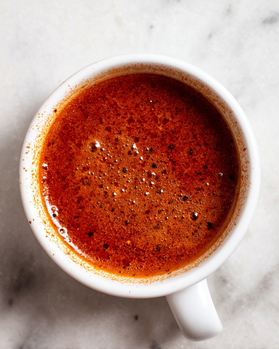 A close-up view of a white cup filled with a reddish-brown liquid that looks spicy and oily. The liquid surface shows tiny bubbles and specks of dark spices scattered throughout. The inside edge of the cup has a light dusting of fine spice powder, adding texture contrast to the smooth dark liquid. The cup is set against a white marbled surface, giving a clean and bright look to the scene. photo taken with an iphone --ar 4:5 --v 7